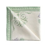 Elegant green and white tablecloth with intricate border design for dining decor.