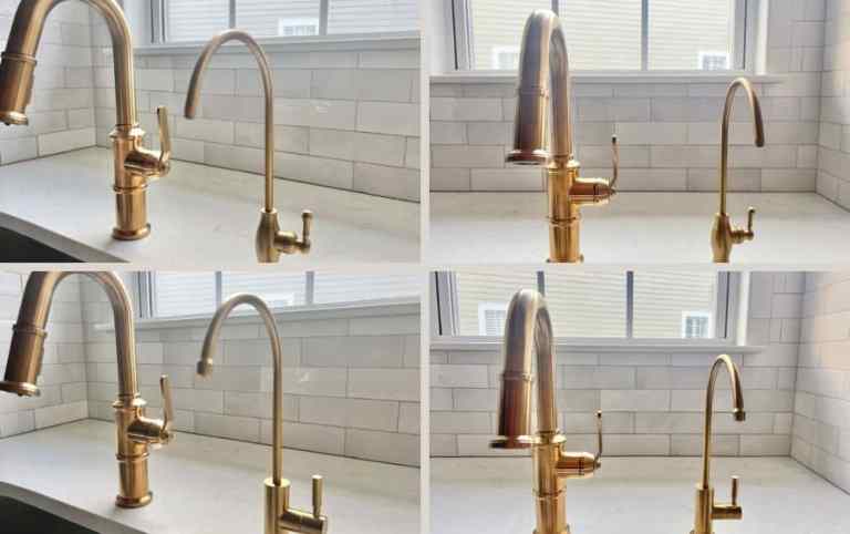 Side by side comparison of brass kitchen faucet and reverse osmosis faucet showing different gold and brass finish tones