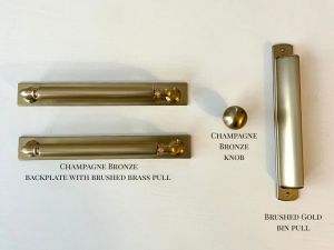 Brass finishes including champagne bronze, brushed gold, and bronze knob on hardware.