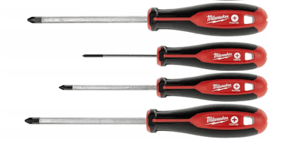 Four Milwaukee screwdrivers with red and black handles, featuring different head types and sizes.