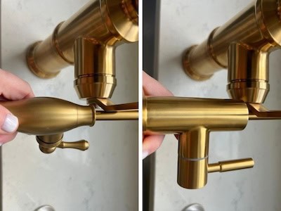 Close-up of different brass faucet finishes showing color variations.