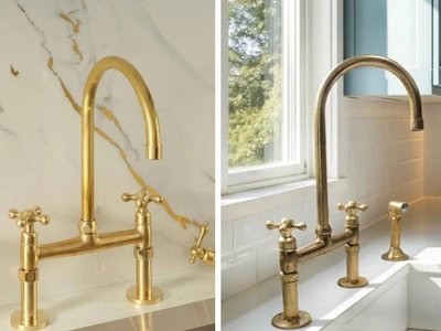 Brass kitchen faucet with different finishes shown side by side.