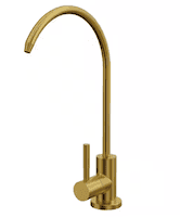 Brass kitchen faucet with curved spout and single handle.