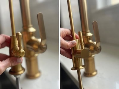 Close-up of brass faucet finishes showing different textures and tones.