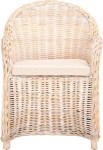 Wicker dining chair with cushioned seat, perfect for kitchen or dining room settings. Stylish and co.