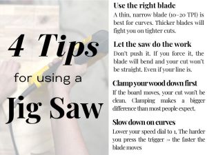 An infographic titled '4 Tips for using a Jig Saw' includes four tips for effective jig saw use, with an image of a person holding a jig saw.