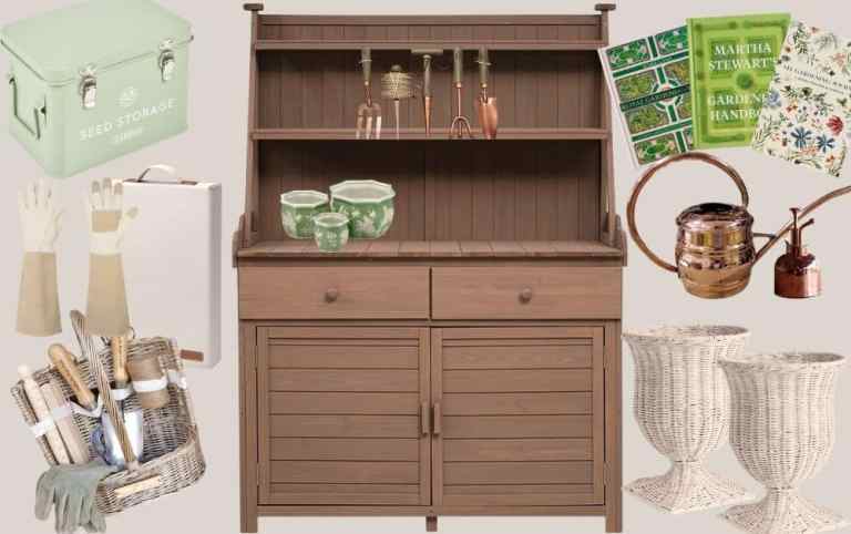 best gardening tools that look good including potting bench, garden tools, watering can, planters and garden accessories