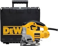 DEWALT DW331K 6.5-amp corded top-handle jigsaw with black grip and yellow body for precision woodworking and curved cuts.