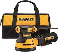 DEWALT DWE6421K 5-inch corded random orbital sander with a 3-amp motor, dust collection bag, and hard carrying case for smooth wood finishing.