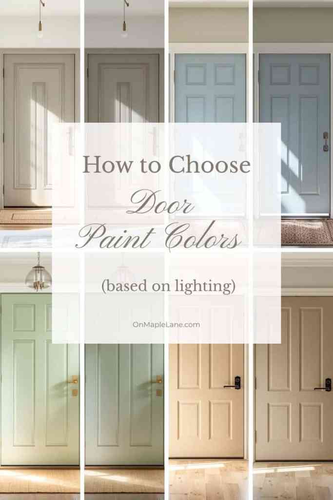 A collage of front doors painted in different colors, showcasing shades of gray, blue, green, and beige, along with a title on how to choose door paint colors based on lighting.
