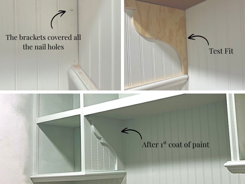 a collage of images showing custom shelf brackets for a drying rod in a laundry room
