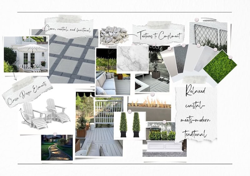 A mood board featuring various design elements including outdoor furniture, landscaping textures, and materials, conveying a clean, minimalist, and functional aesthetic.