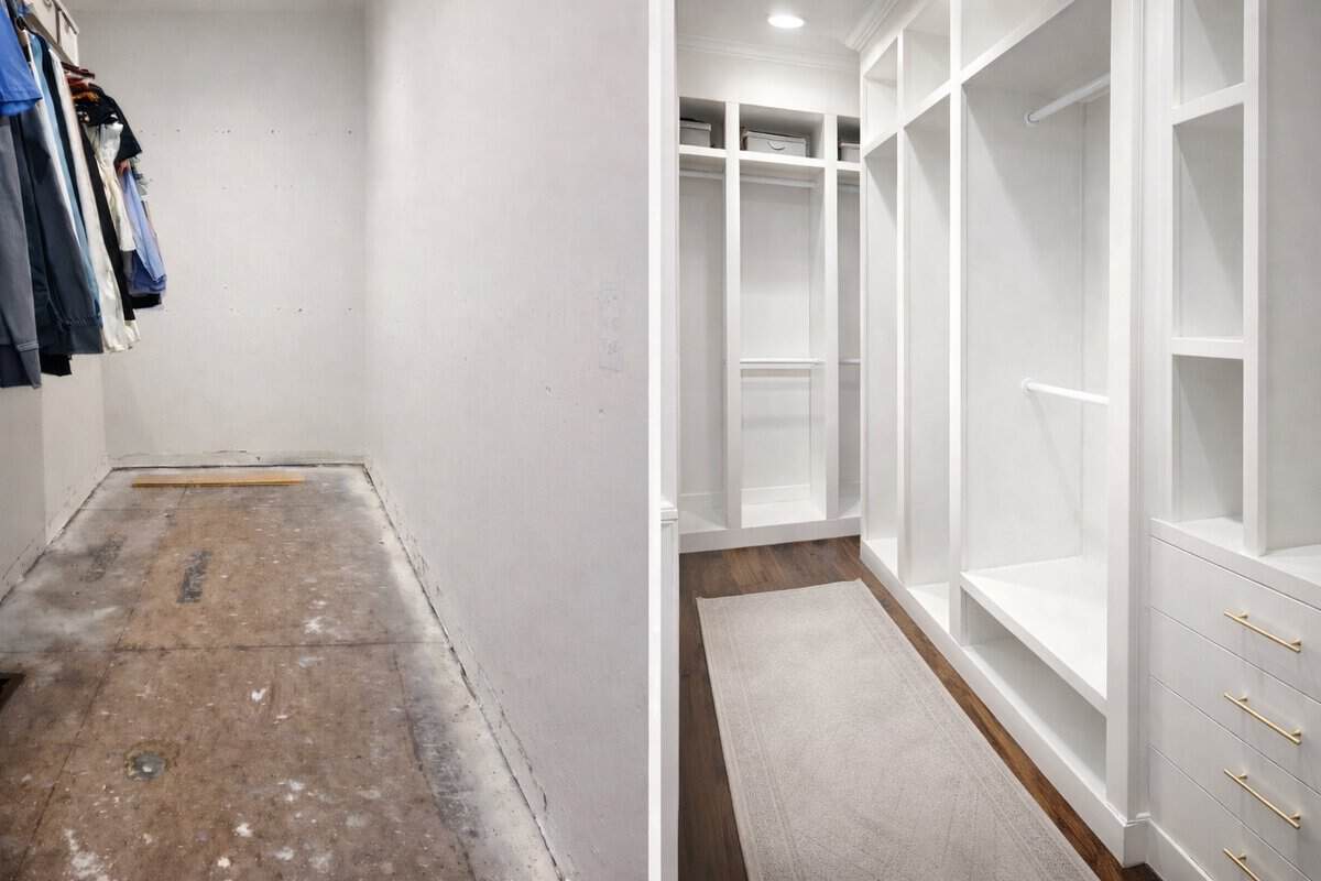 before and after images showing DIY custom walk in closet renovations