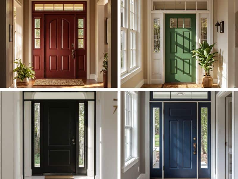 A collage of four different front doors, showcasing a red door with sidelights, a green door with a decorative top, a sleek black door with large sidelights, and a navy blue door framed by light-colored trim.