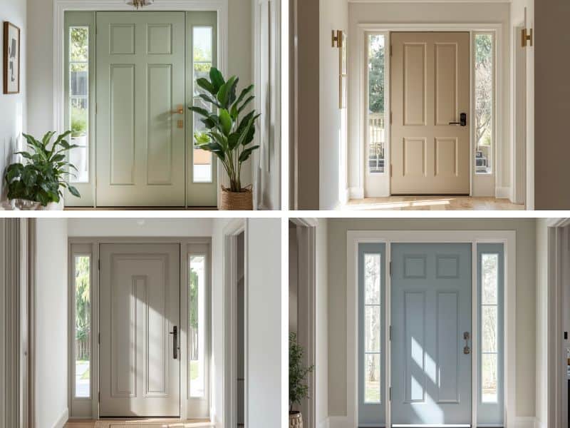 Collage of four different front doors featuring various colors and styles, including a green door, beige door, gray door, and light blue door, each set in a well-lit hallway.