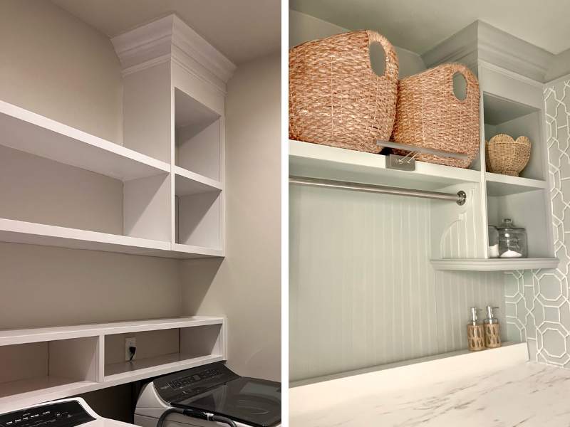 Laundry room before and after adding a hanging rod and removing cubbies