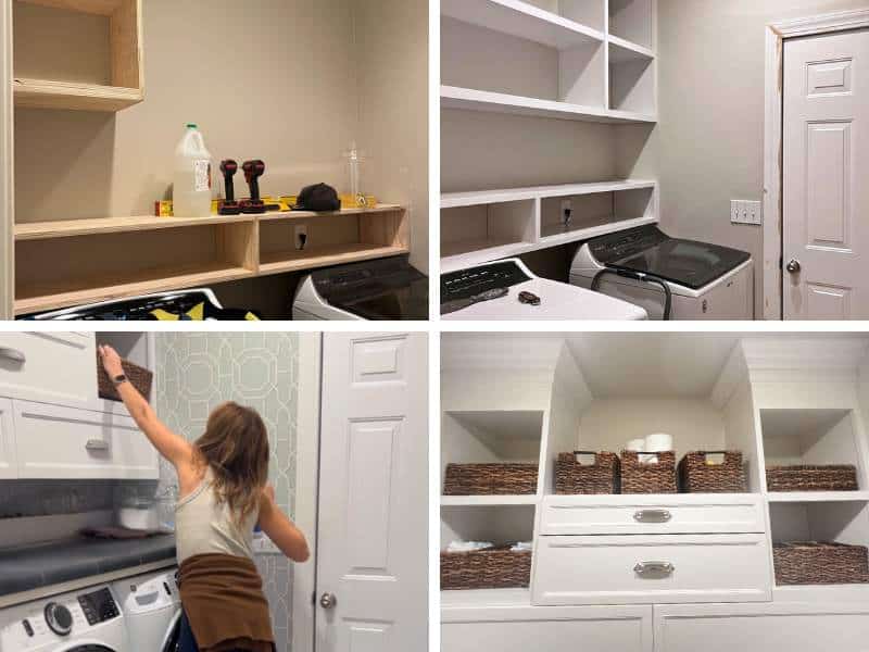 Laundry room cubbies before and after transformation showing built-in shelving and storage upgrades