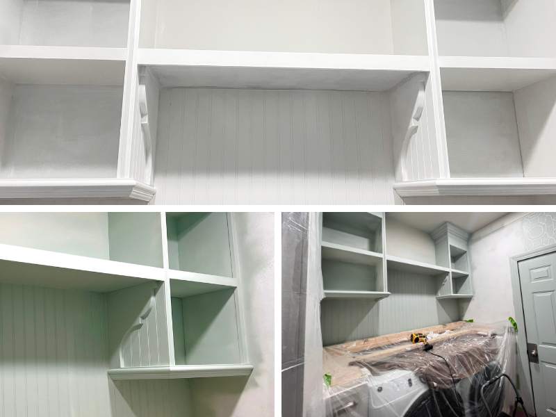 Painting built-in laundry room shelves and decorative brackets before final install