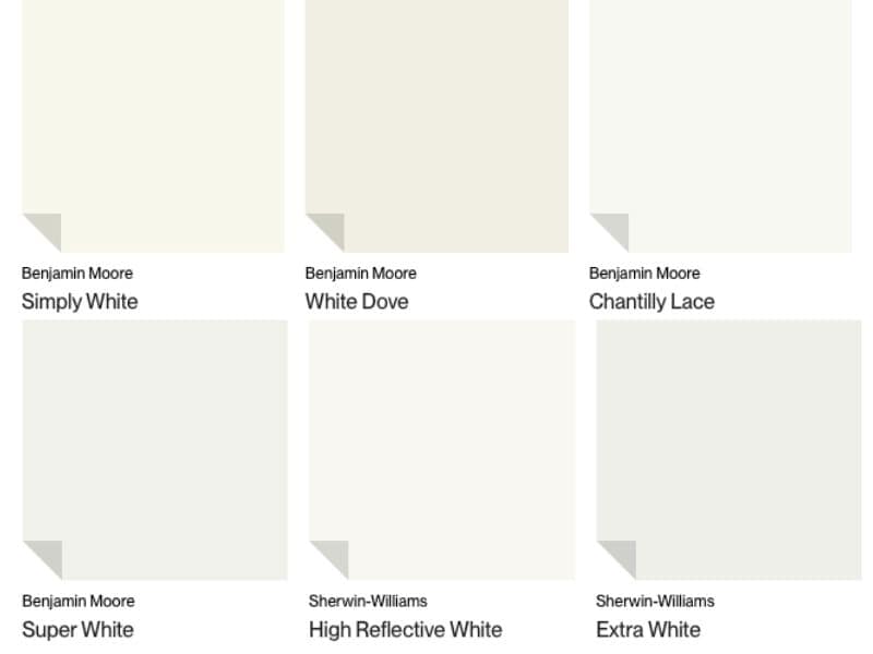 Swatches of various white paint  options for front door paint colors rom Benjamin Moore and Sherwin-Williams, including Simply White, White Dove, Chantilly Lace, Super White, High Reflective White, and Extra White.