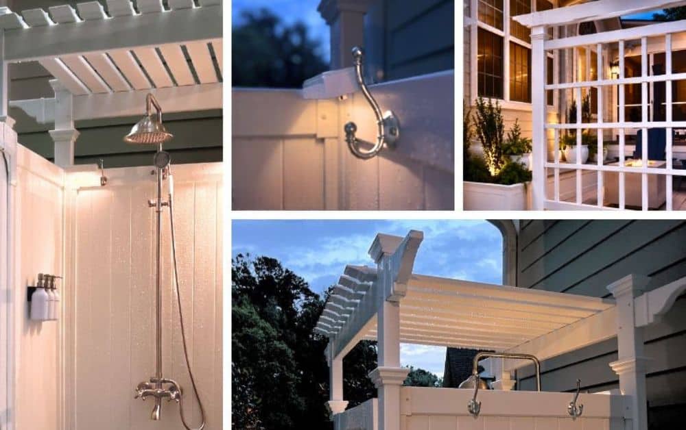 Outdoor shower with white fence and pergola, metal shower fixtures, wall hook, and lattice fence with plants