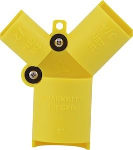 Yellow plastic electrical connector with two openings and mounting screws.
