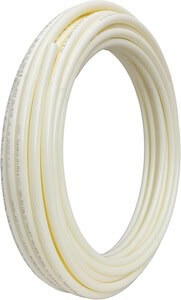 White flexible plastic tubing for DIY outdoor shower installation.