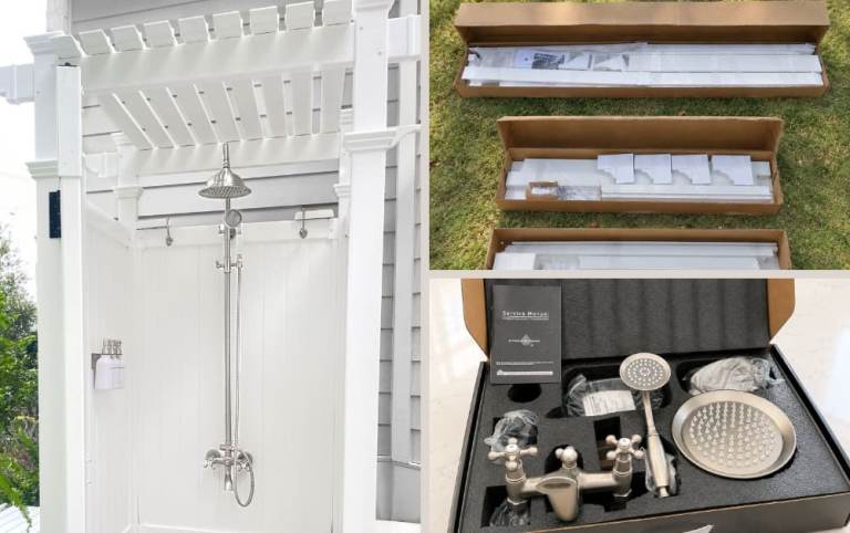 collage of images featuring an installed outdoor shower in white vinyl with pergola top and brushed nickel exposed shower system with rainfall shower head, and the boxes contained the assembly for the DIY Outdoor shower enclosure, and the packaged outdoor shower fixture components