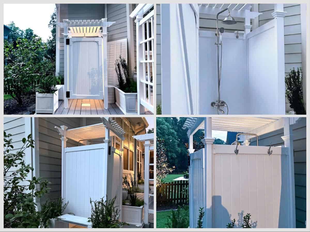 Outdoor white shower enclosure with pergola-style roof and shower fixtures, shown from multiple angles in a garden setting