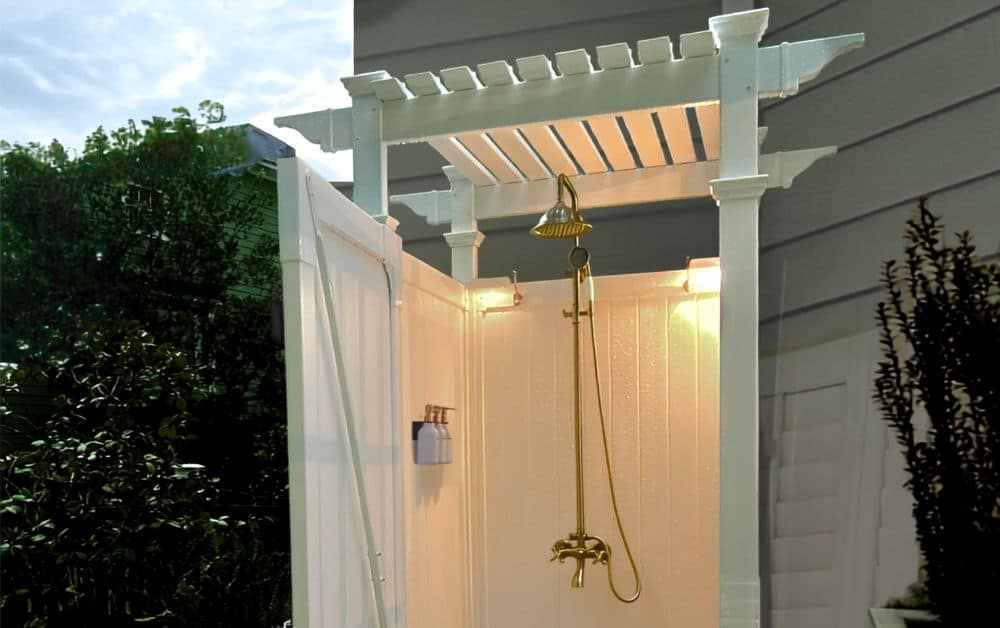 white vinyl outdoor shower at night