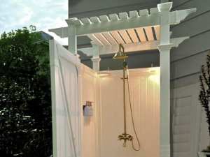 Outdoor shower with white enclosure