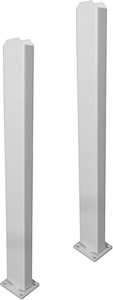 Two white outdoor shower posts for DIY enclosure installation.