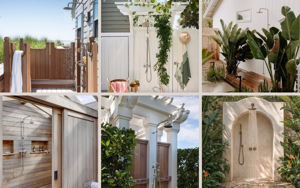 Outdoor shower ideas featuring wood, tropical, Mediterranean and privacy enclosure designs
