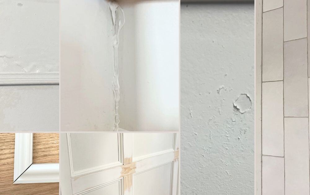 Collage showing damaged white walls, peeling paint, a cracked corner, and a damaged door