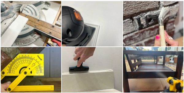 Six-photo collage illustrating common DIY mistakes: a miter saw cutting wood at an angle, a black oscillating multi-tool in use, a hand chiseling mortar from a brick wall, a yellow angle finder measuring tool, a grout float smoothing tile grout, and a dark shelving unit being assembled with a power drill.
