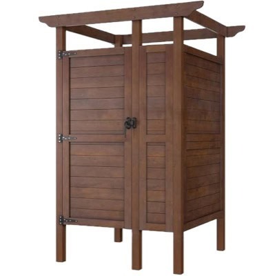 Dark Wood Outdoor Shower Stall with Storage Shelves