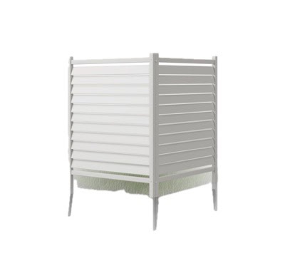 Enclo Waverly white vinyl privacy screen with horizontal louvered panels, three-sided enclosure design, shown on a white background