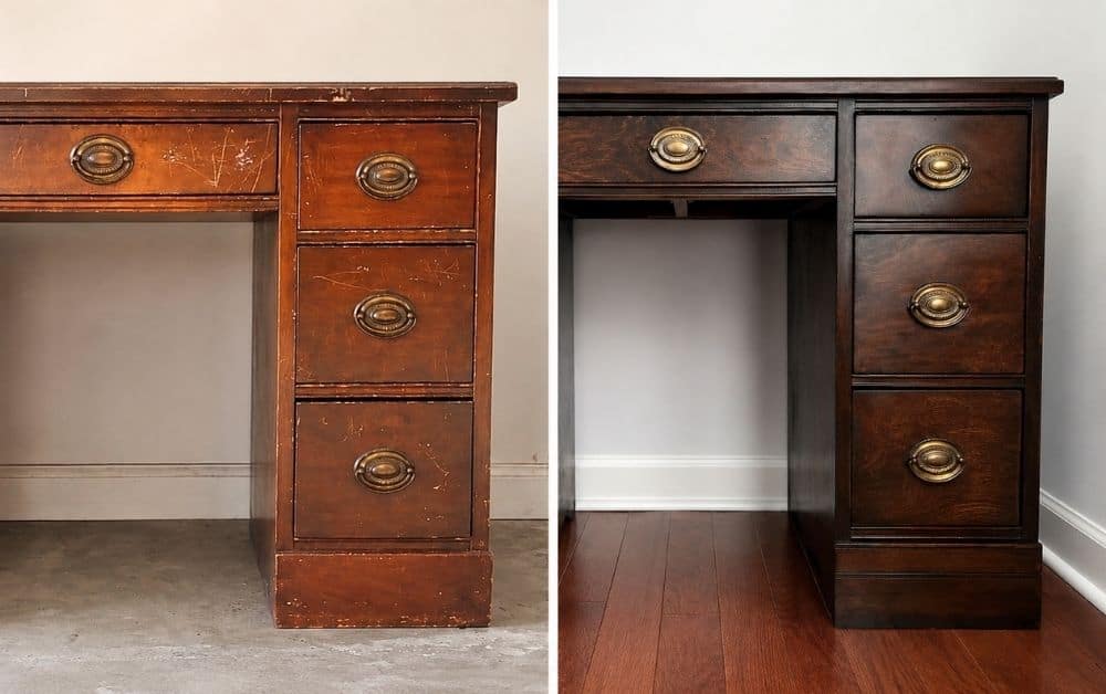 Before and after of a wood desk refinished with dark Kona gel stain