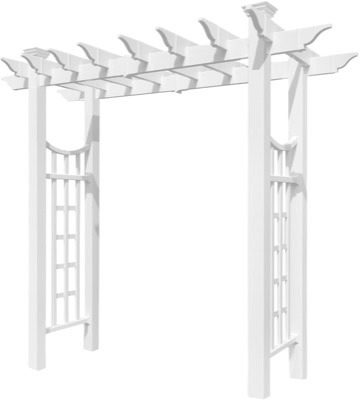 White vinyl pergola arbor used as an entrance to an outdoor shower