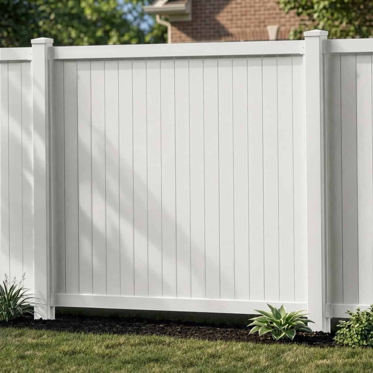 White vinyl privacy fence panel for a DIY outdoor shower enclosure