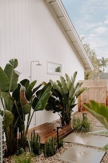 shower fixture is mounted directly to the exterior wall and surrounded by large tropical plants.