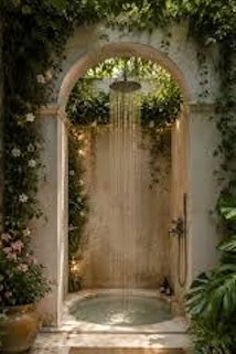 Garden outdoor shower framed by an arched opening with climbing greenery and overhead rainfall showerhead