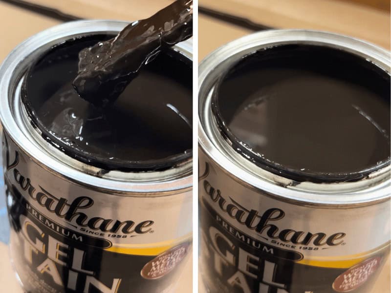 Stirring thick Varathane gel stain before applying it to wood
