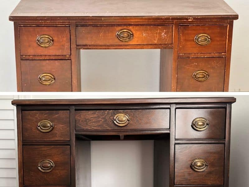 Wood desk before and after refinishing with gel stain